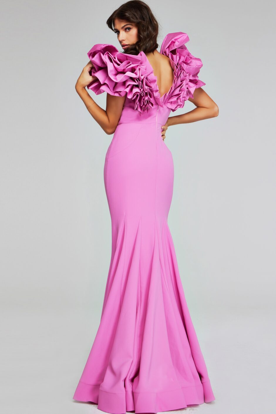 Bold Rose Pink Gown with Dramatic Ruffled Shoulders 40663 - Jovani