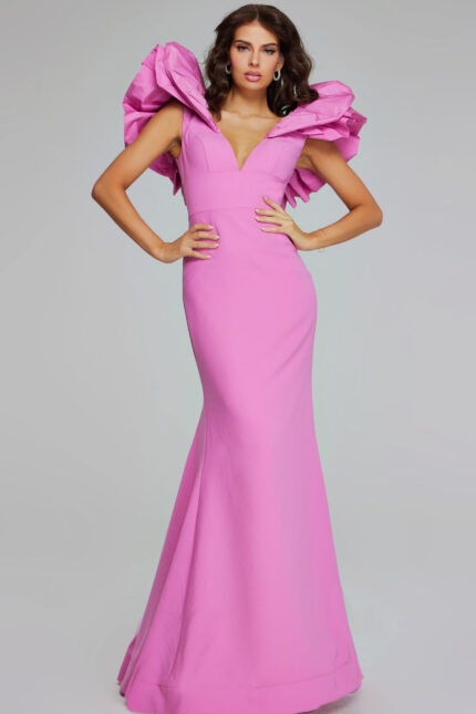 Model wearing Jovani 40663 pink mermaid dress with V-neckline and ruffled sleeves, front view