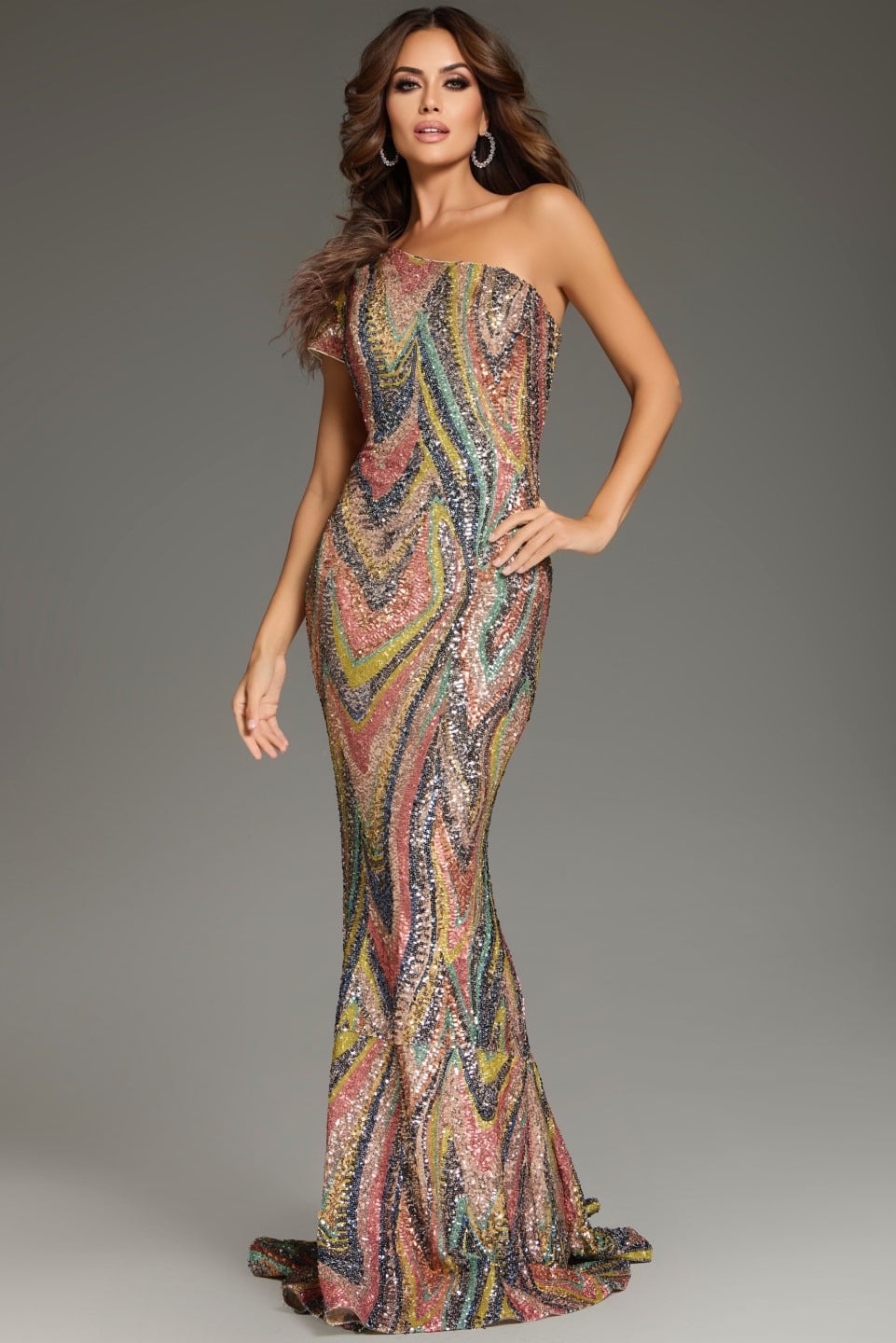 40666-1 model wearing 40666 multi-colored gown with one shoulder and feather detail