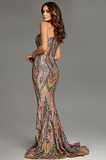 back view of model wearing 40666 multi-colored mermaid silhouette gown
