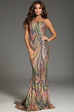 front view of model wearing 40666 multi-colored sparkling gown