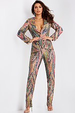 Multicolor sequin pantsuit with deep neckline