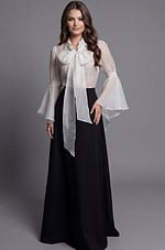 Bow Tie Blouse With Bell Sleeve And Full Skirt