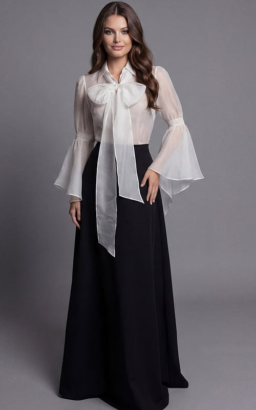 Bow Tie Blouse With Bell Sleeve And Full Skirt