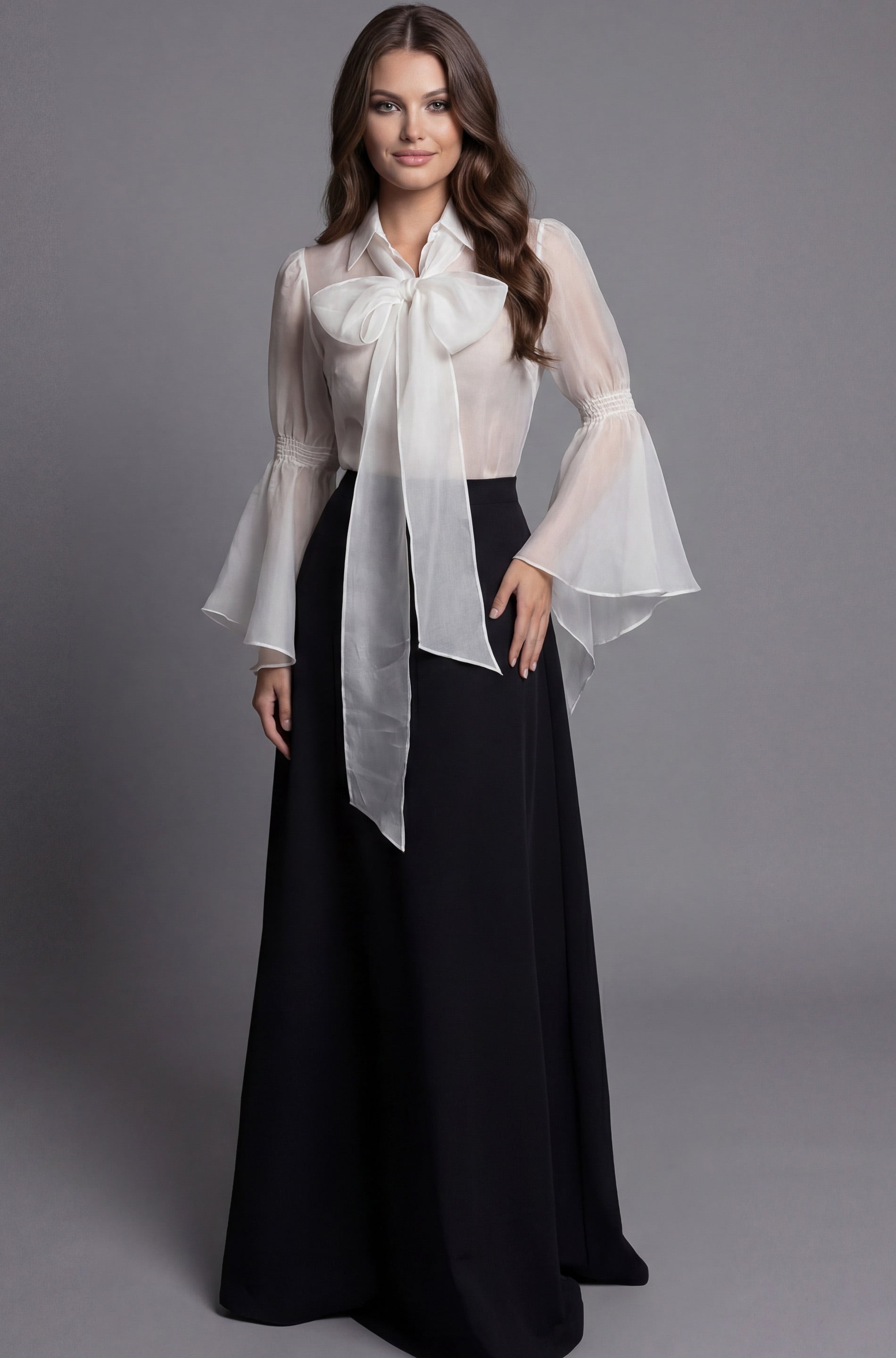 40680 Bow Tie Blouse With Bell Sleeve And Full Skirt