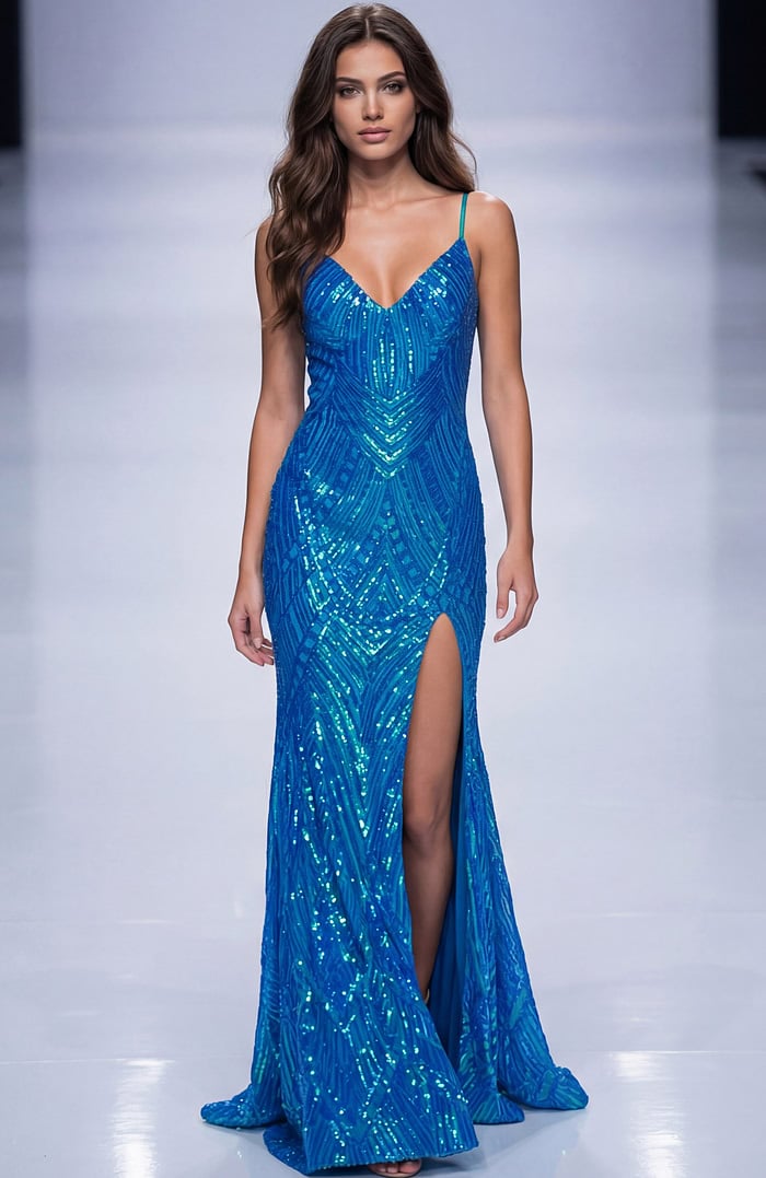 Fitted sequin gown with thin straps, plunging neckline, geometric beading, and a thigh high slit creating a sleek, sculpted silhouette
