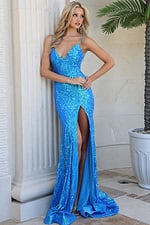 turquoise strapless sequin gown with deep v-neckline and high slit - front full body, leaning on pillar thigh slit