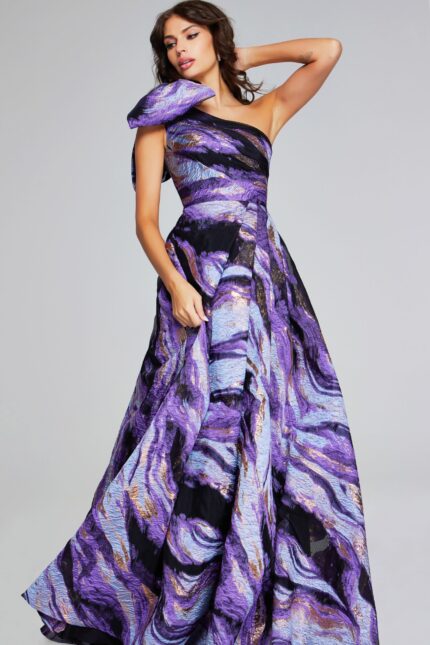 model wearing Jovani 40695 elegant purple gown with artistic multi-colored pattern, side view