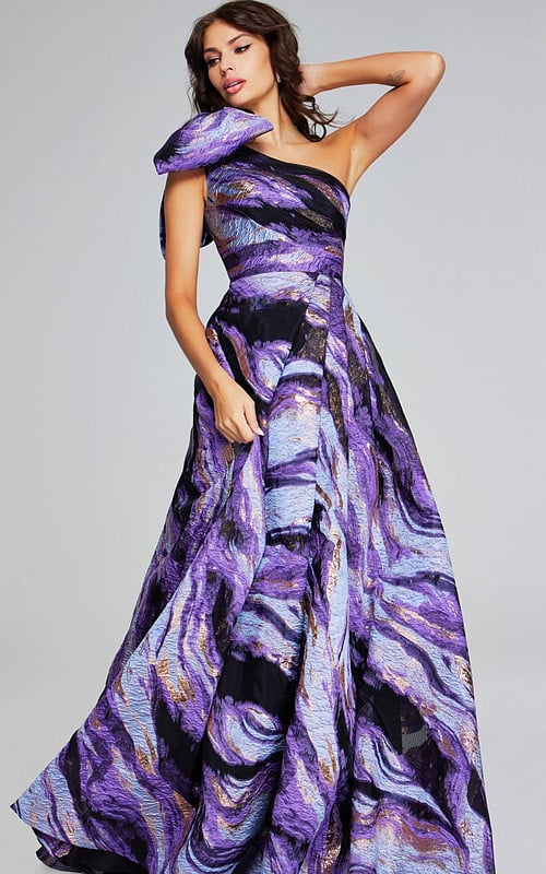 model wearing Jovani 40695 elegant purple gown with artistic multi-colored pattern, side view