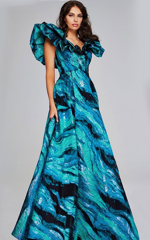 Model wearing Jovani 40696 blue gown with V-neckline and ruffled sleeves, front view.