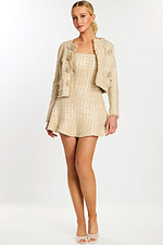 Champagne sequin strapless tweed dress with matching floral jacket