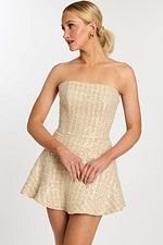 Front view of strapless champagne short dress with glitter tweed and flared skirt