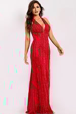 Red halter evening gown with plunging neckline and open back