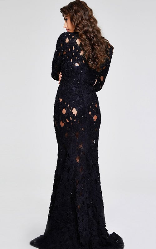 Back view of Jovani 40743 gown showcasing the elegant silhouette and floral lace design.