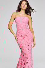 Jovani 40744 pink gown front view with intricate floral design.