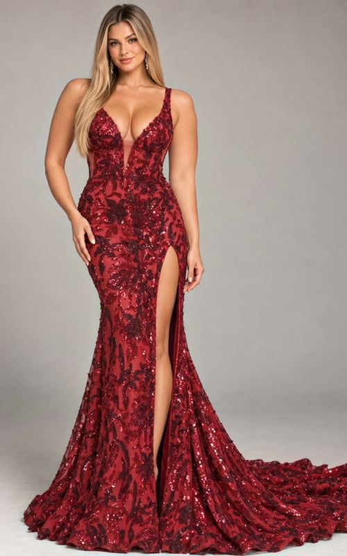 Burgundy sequin floral V neck gown with high slit, plus size, Jovani style 40755