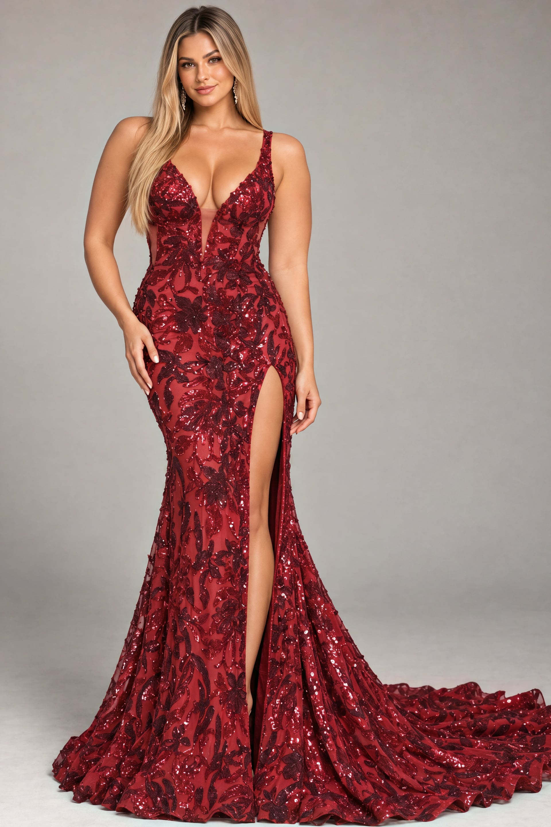 Burgundy sequin floral V neck gown with high slit, plus size, Jovani style 40755