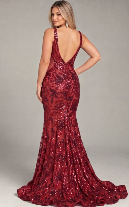 Back view of burgundy sequin floral gown showing the open back, plus size, Jovani style 40755