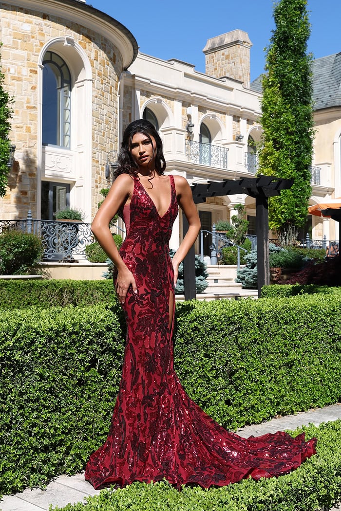 sheer sequin floral gown with deep v-neck
