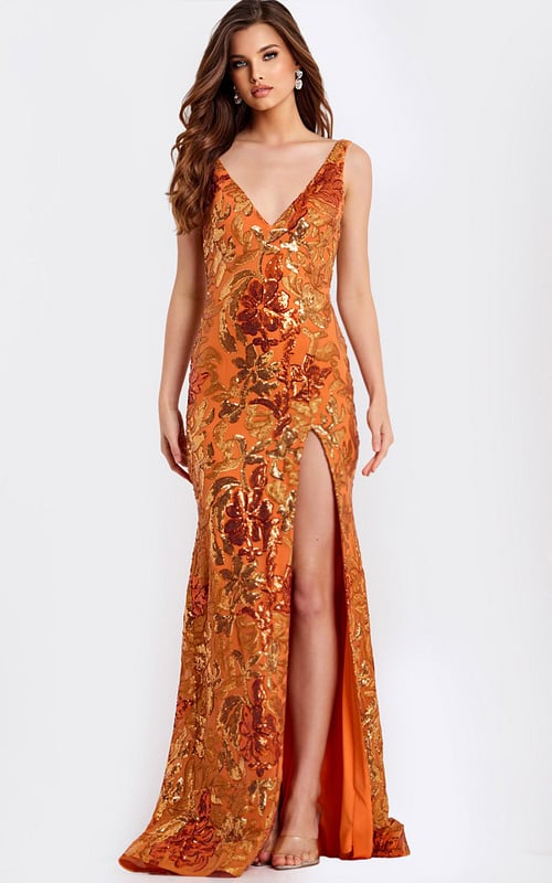 Orange Floral Sequin Prom Dress