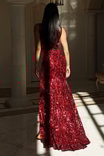 Deep V-neck sequin gown with floral beading and high slit