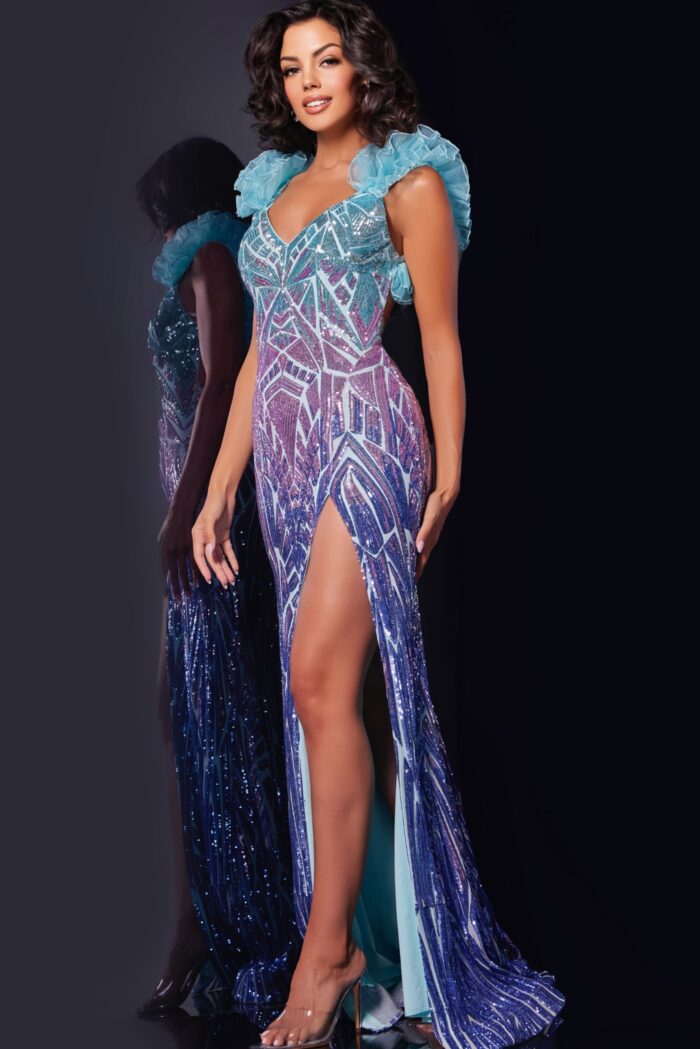 Model wearing Jovani 40761 gown with V-neckline and high slit in blue.