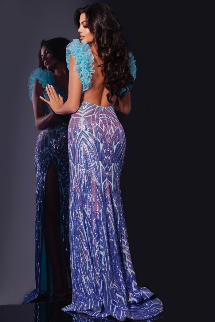 Back view of model wearing Jovani 40761 gown with open back and sequin details.