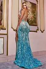 Model wearing Jovani 40763 dress showcasing open back and intricate beadwork, back view.