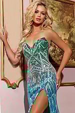 Model wearing Jovani 40763 dress with sweetheart neckline and high slit in blue, front view.