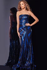 Model wearing Jovani 40765 navy blue sparkle gown from the front.