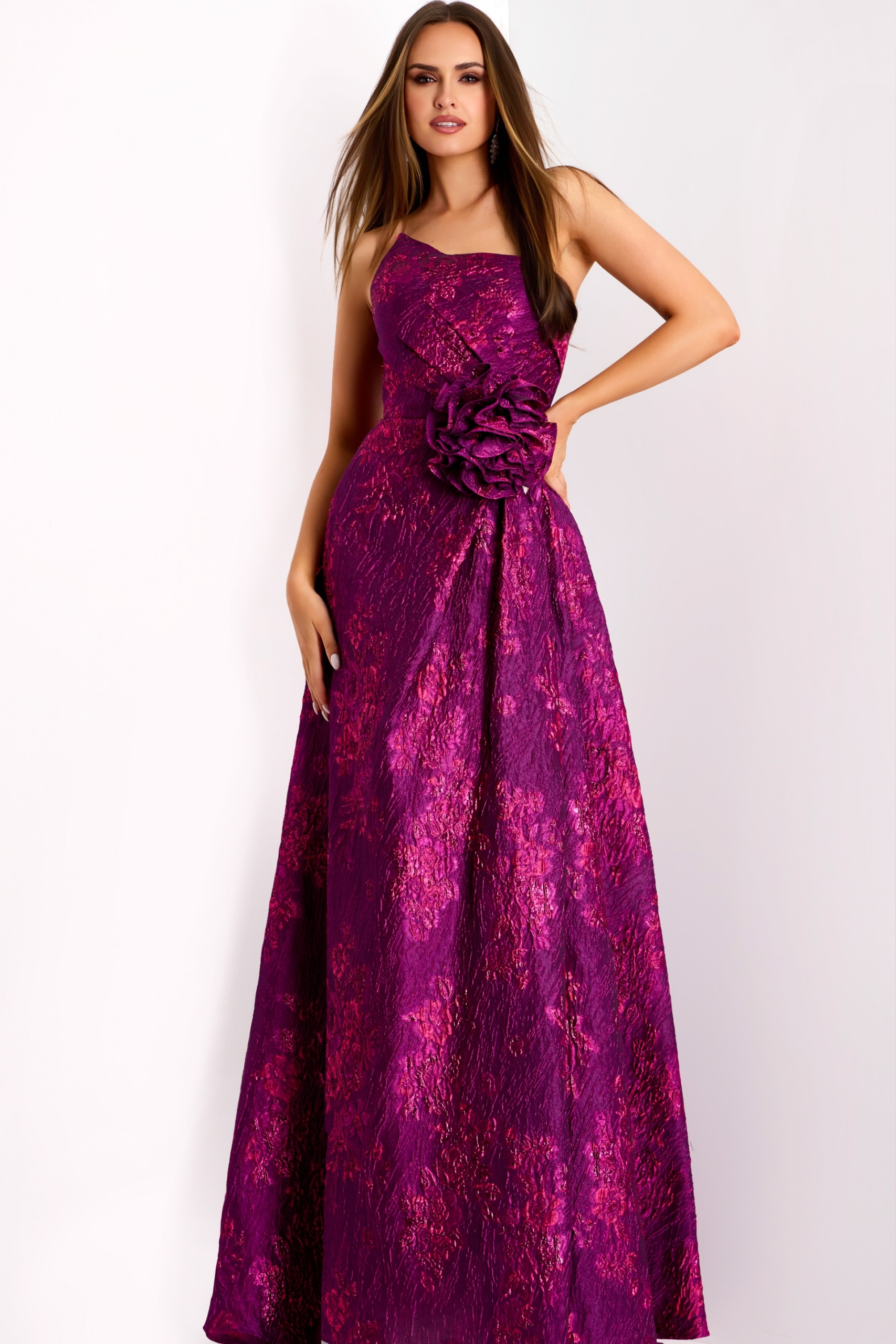 One Shoulder Fuchsia Floral Jacquard Evening Gown 40780 | Jovani