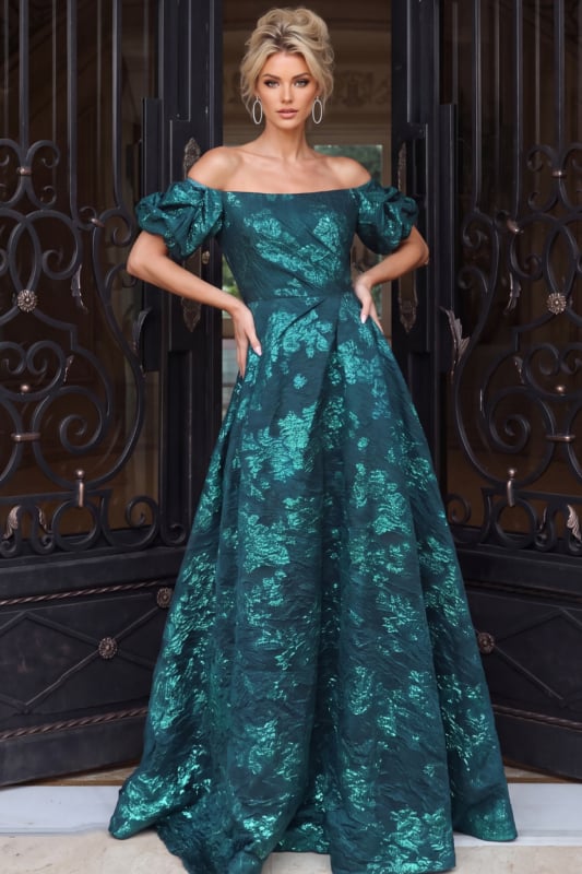 Emerald Teal Metallic Jacquard Off the Shoulder Gown 40781 | Jovani