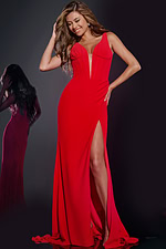 Model wearing Jovani 40783 red dress with full front view, featuring the high slit and plunging neckline.