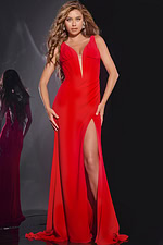 Model wearing Jovani 40783 red dress with front view, showcasing its plunging neckline and high slit.