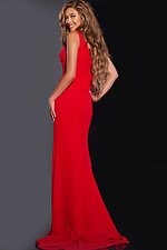 Model wearing Jovani 40783 red dress with back view, highlighting the gown's elegant silhouette.