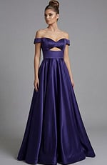 Off shoulder satin ball gown with structured bodice and full flowing skirt