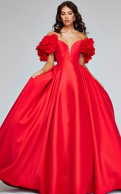 Model wearing Jovani 40794 front view of the red ball gown with floral details