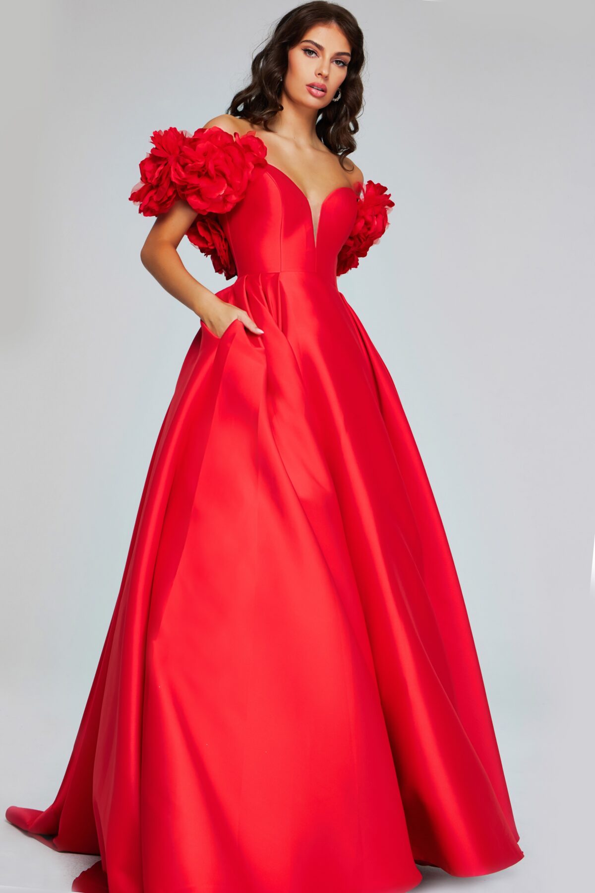 Bold Red Gown with Floral Puff Sleeves and Plunging Neckline 40794 - Jovani