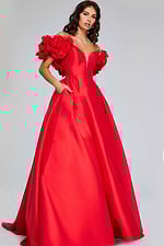 Model wearing Jovani 40794 elegant red ball gown with sweetheart neckline