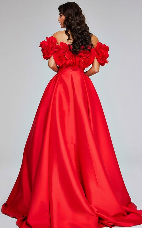 Model wearing Jovani 40794 back view of the red ball gown with floral details