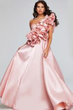 Elegant Jovani 40796 blush dress with one-shoulder floral ruffle, front view.