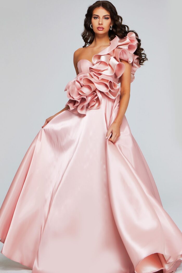 Elegant Jovani 40796 blush dress with one-shoulder floral ruffle, front view.