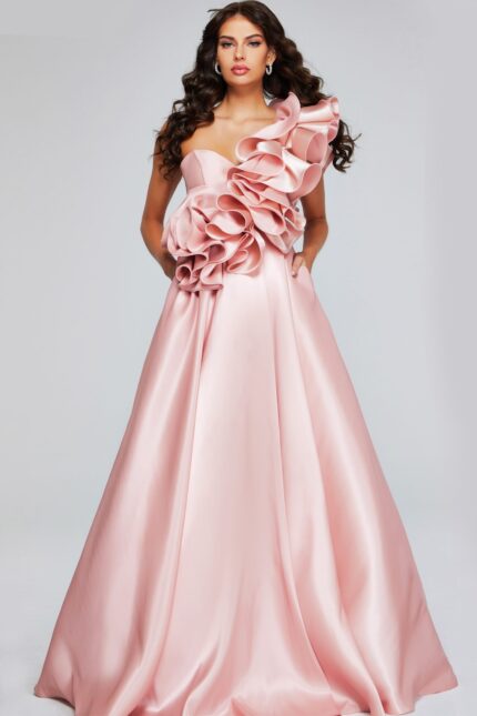 Model wearing Jovani 40796 blush dress with ruffled one-shoulder neckline, front view.