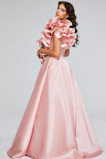 Back view of model in Jovani 40796 blush dress showcasing flowy A-line skirt.