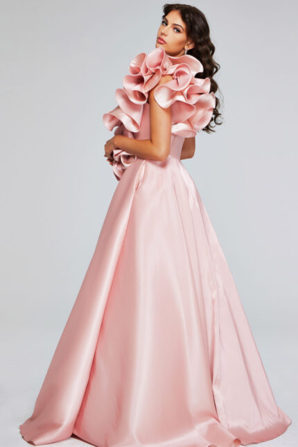 Back view of model in Jovani 40796 blush dress showcasing flowy A-line skirt.