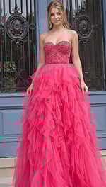 Front view of a strapless formal gown featuring a detailed bodice and voluminous ruffled skirt