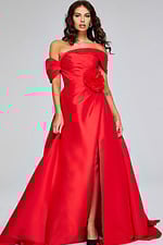 Model wearing Jovani 40832 red gown with off-shoulder neckline and floral waist detail, front view