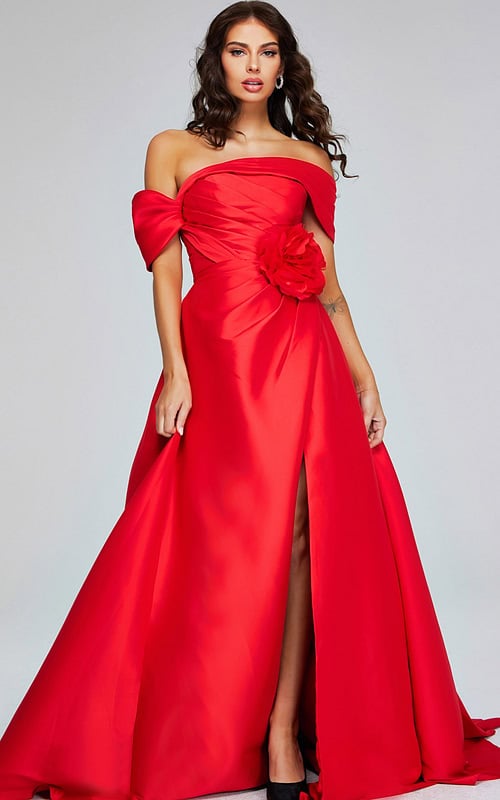 Model wearing Jovani 40832 red gown with off-shoulder neckline and floral waist detail, front view