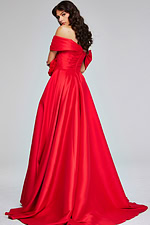 Model wearing Jovani 40832 red gown showing full back view with elegant draping
