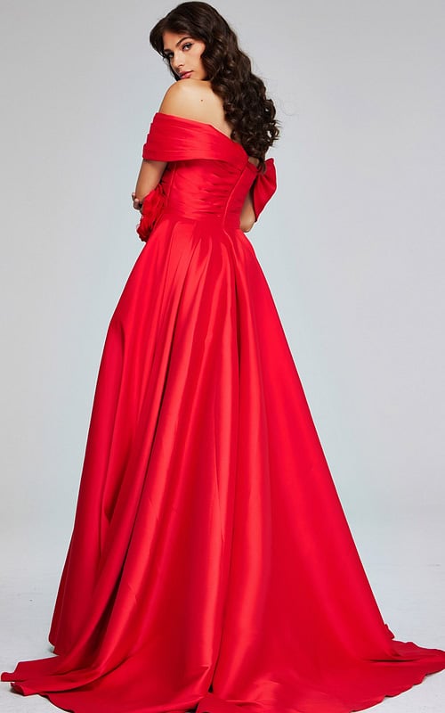 Model wearing Jovani 40832 red gown showing full back view with elegant draping